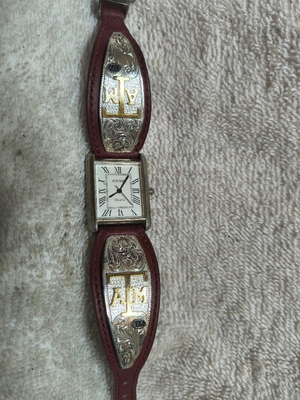 Montana Silversmiths Quartz Watch Men Gold Texas A&M Logo Leather New Bat Great